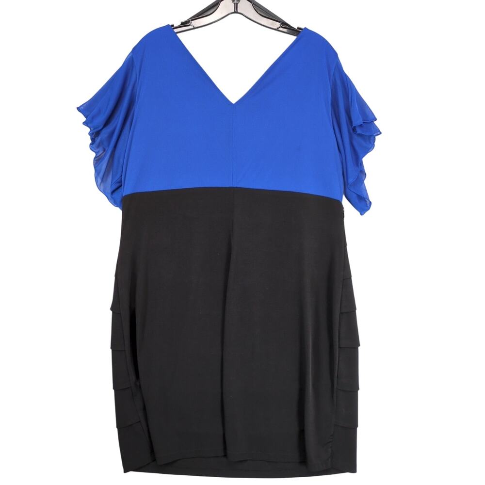 Enfocus Women's 20W Blue & Black Cocktail Dress, Flutter Sleeve, Plunge V Sequin - Picture 2 of 6